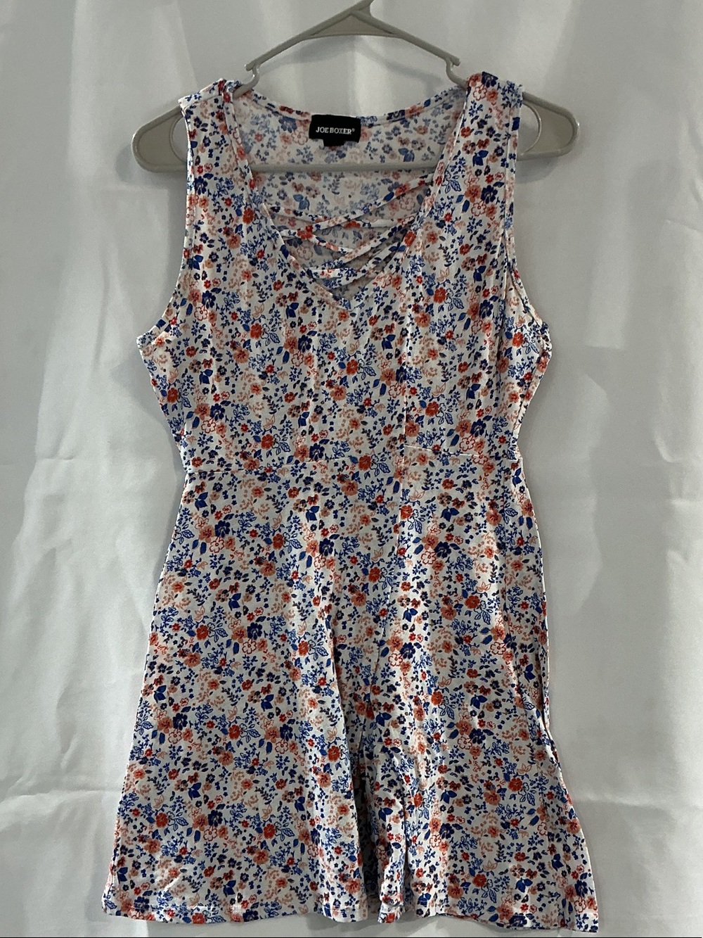 Joe Boxer White Floral Mini Romper with Blue & Coral Flowers